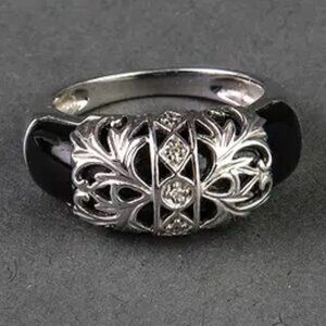 925 Sterling Silver Black Agate & Diamond Ring 8